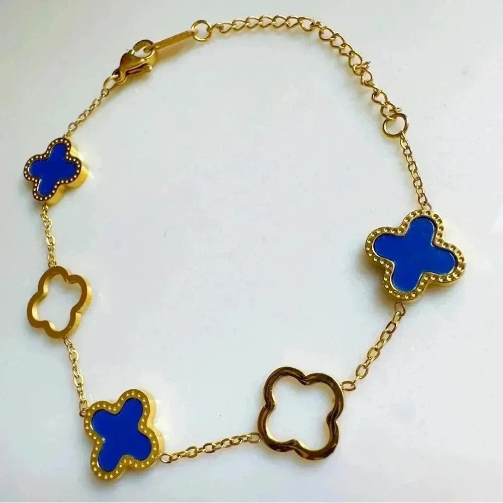 NWOT High Quality Stainless Steel Four Leaf Clover Lapis Lazuli Bracelet